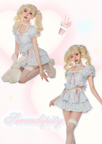 Serendipity Baby Petals Coquette Pink and Blue Bow Decorated Maid Style Blouse Top & Mini Skirt Two Piece Set