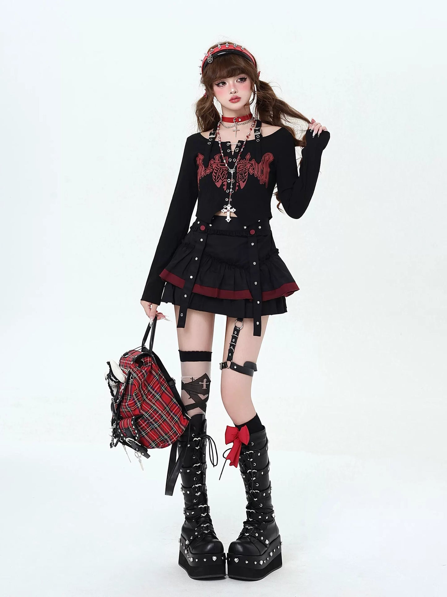 Crazy Girl Taotao Oolong 2.0 Black Red Ruffle Short Skirt