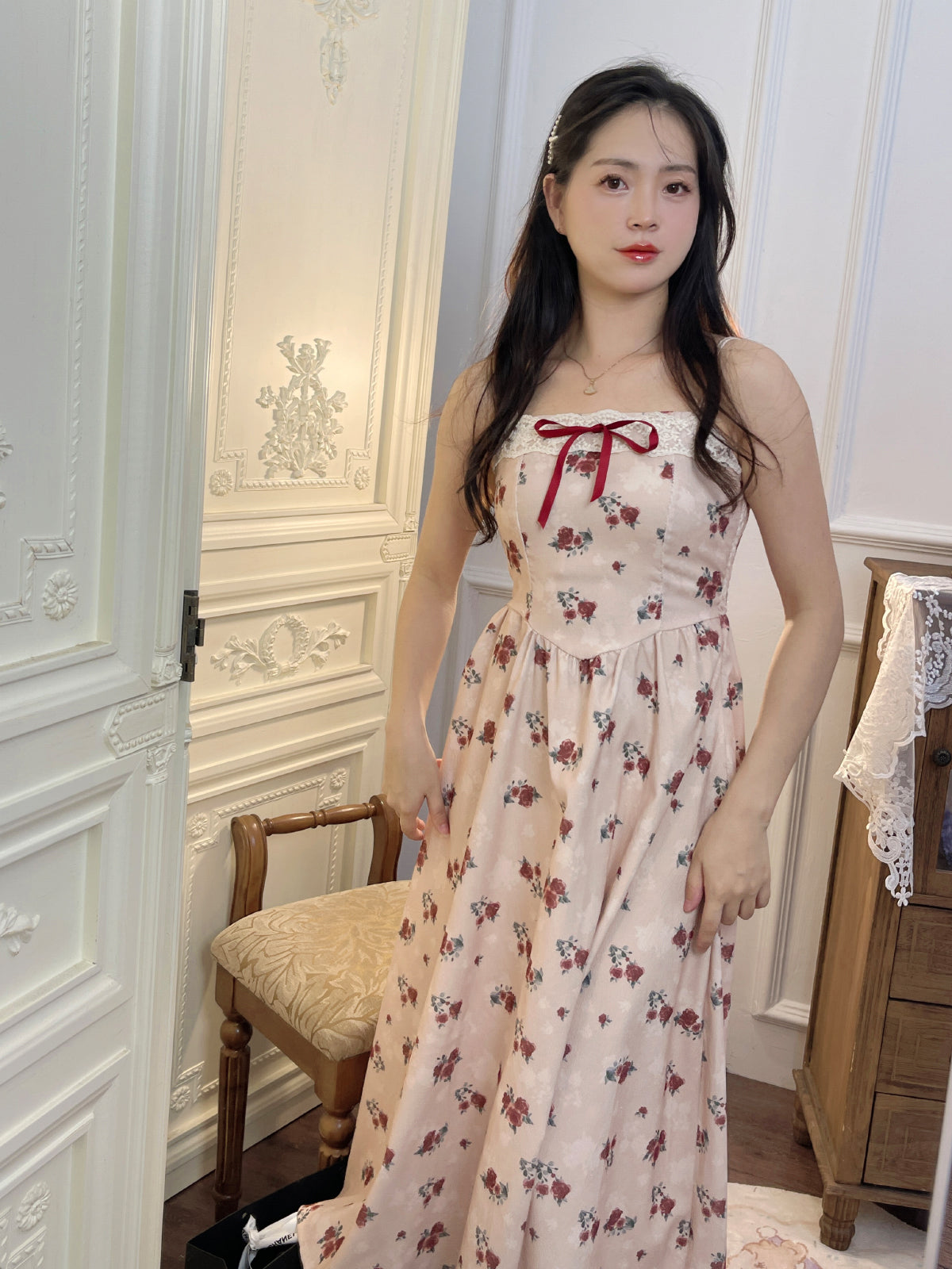 Ruellia Rose Floral White Strap Dress Pink Red Cardigan Two Piece Set