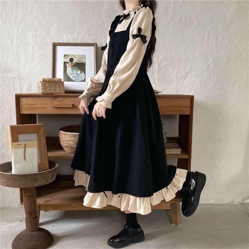 Autumn Mori Girl Bow Black Cream Beige Dress Suspender Skirt Two Piece Set