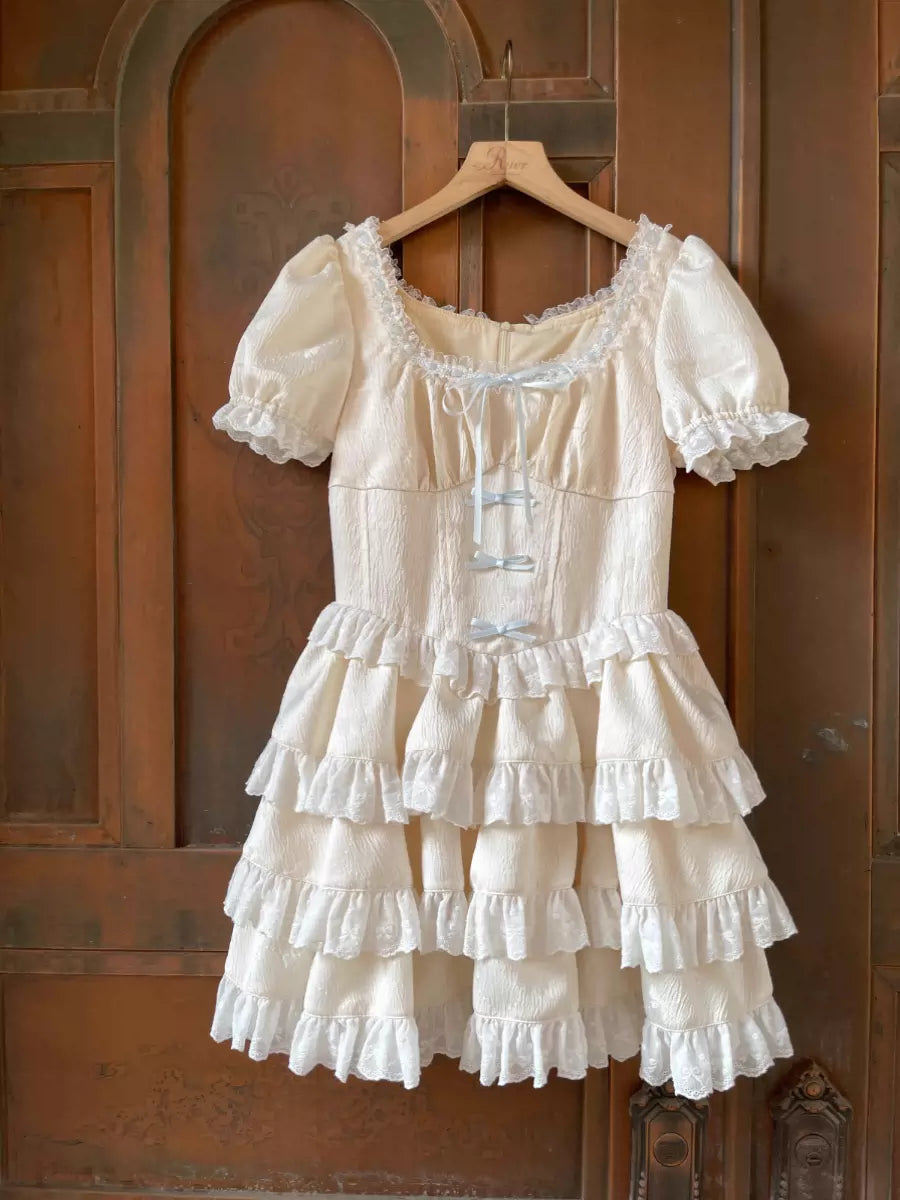 Ruellia Cream Cake Ruffled Puff Sleeve Dress