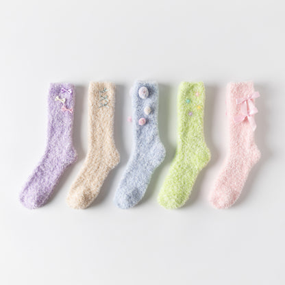 Winter Y2K Cute Colorful Plush Coral Fleece Thick Socks 5 Patterns Pairs Sets