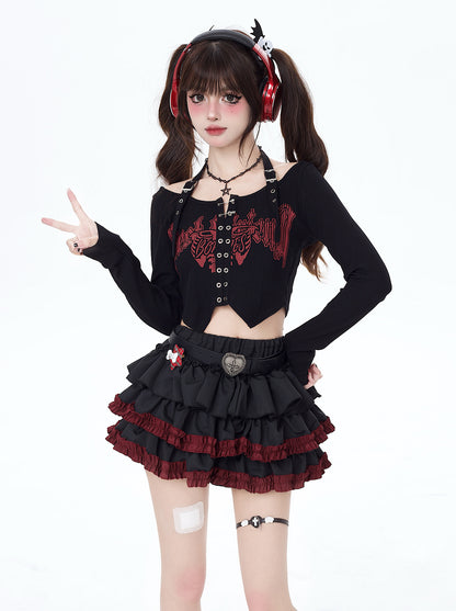 Crazy Girl Dark Abby Punk Red Black Ruffle Short Skirt