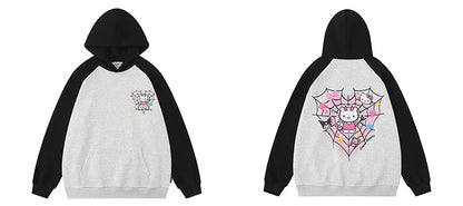 Kitty Cat Spider Web Y2K Pink Black Cartoon Print Sweatshirt Hoodie