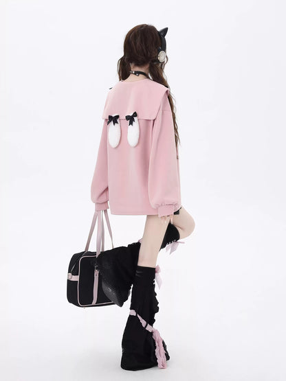 Crazy Girl Dream Ballet Cherry Pink Black Sailor Collar Sweater