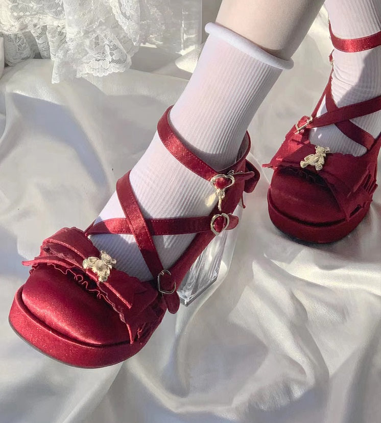 Moeka Chan Lolita Red Dream Bear Transparent Glass High Heels Shoes