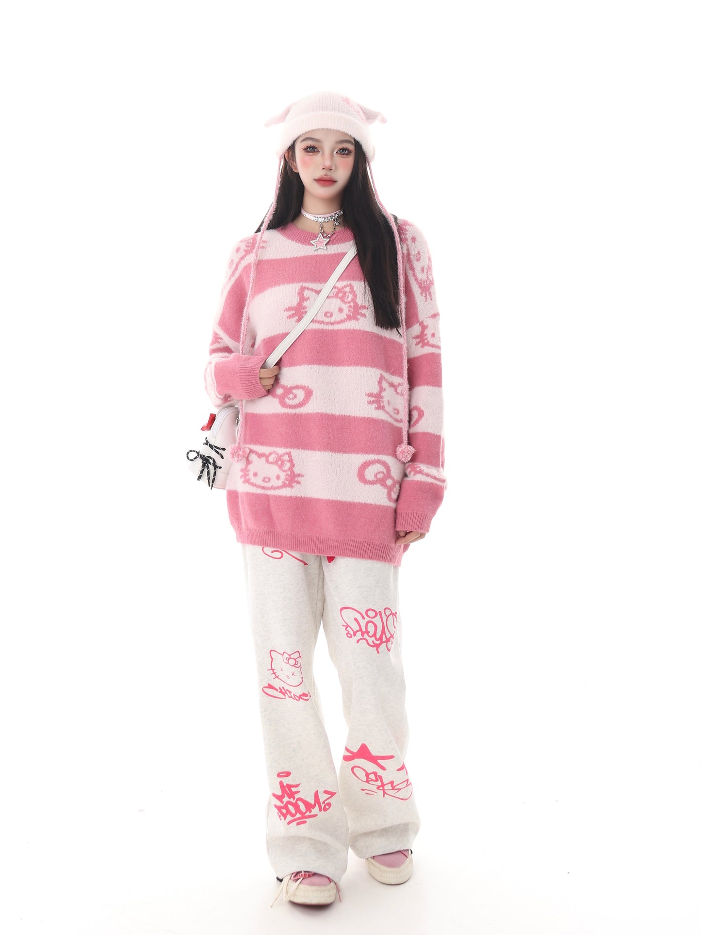 Kitty Cat Striped Pink Black Knit Y2K Pullover Sweater