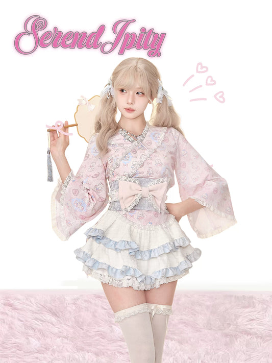 Serendipity Showa Story Pink Kimono Top & Skirt Two Piece Set
