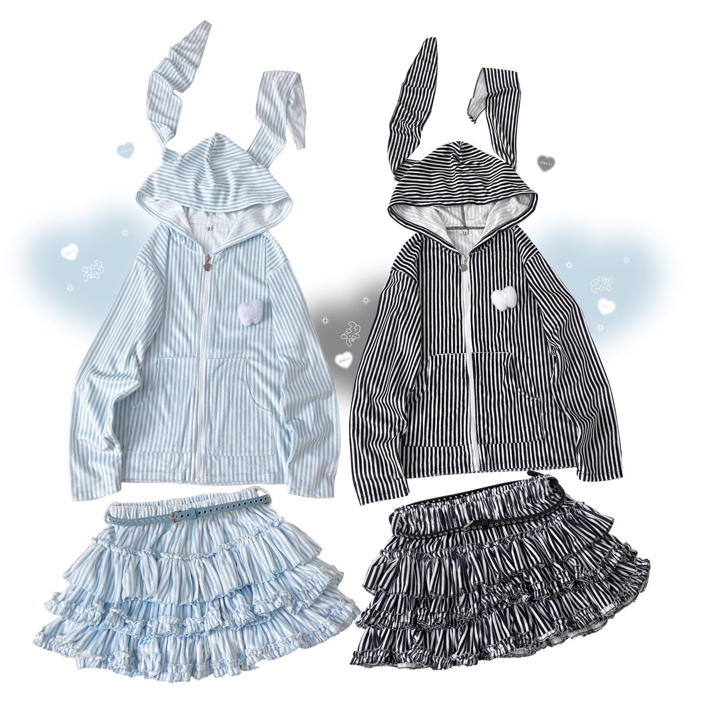 Kitten Bullet Heavenly Hospital Striped Blue Black Rabbit Ears Hoodie Skirt Two Piece Set