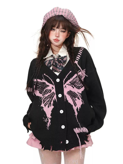 Young Eyes Art Student Butterfly Pink Black Gray Knit Cardigan