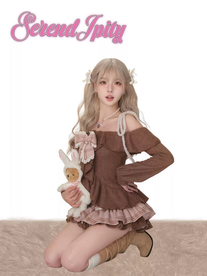 Serendipity Caramel Cocoa Brown Top & Pink Skirt Two Piece Set