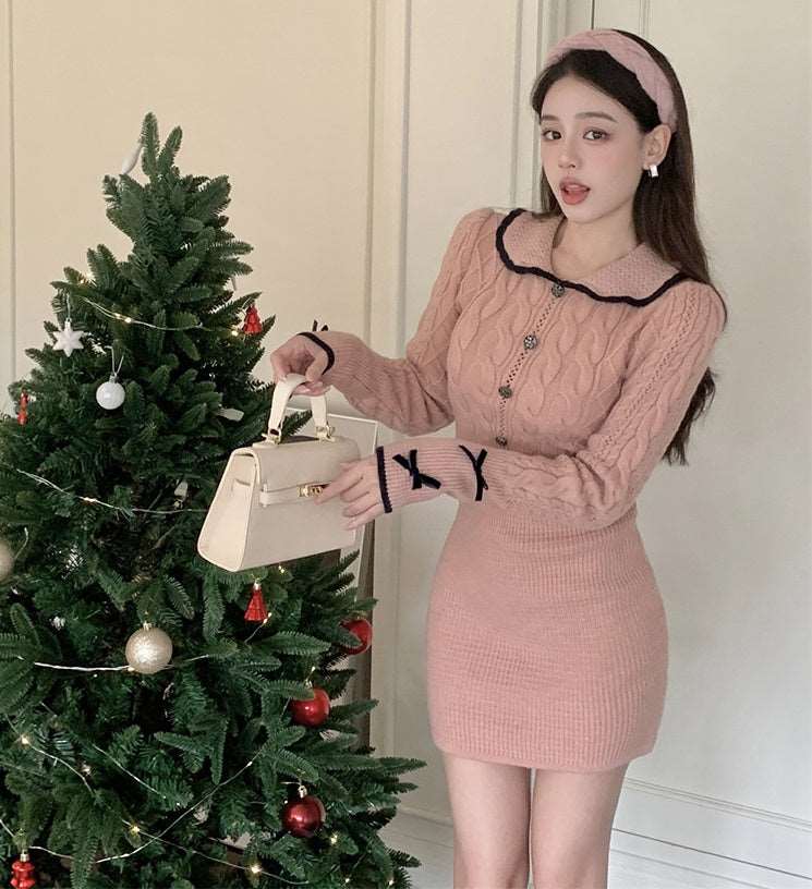 Bow Ribbon Classy Fit Autumn Winter Pink Black Knit Dress