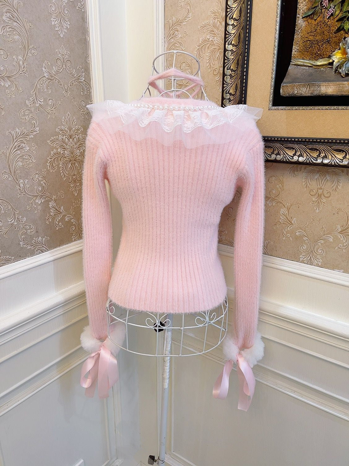 Sweetheart Princess Rose Lace Furball Mohair Plush Pink Knit Sweater