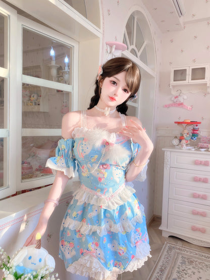 Candy Fairy Cute Blue Cinnamon Dog Lace Camisole Puff Sleeve Top & Skirt Pajamas Two Piece Set