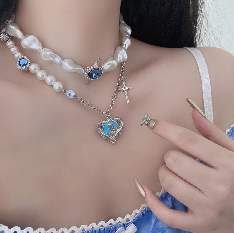 Blue Rhinestone Pearl Silver Heart Necklace Pendant