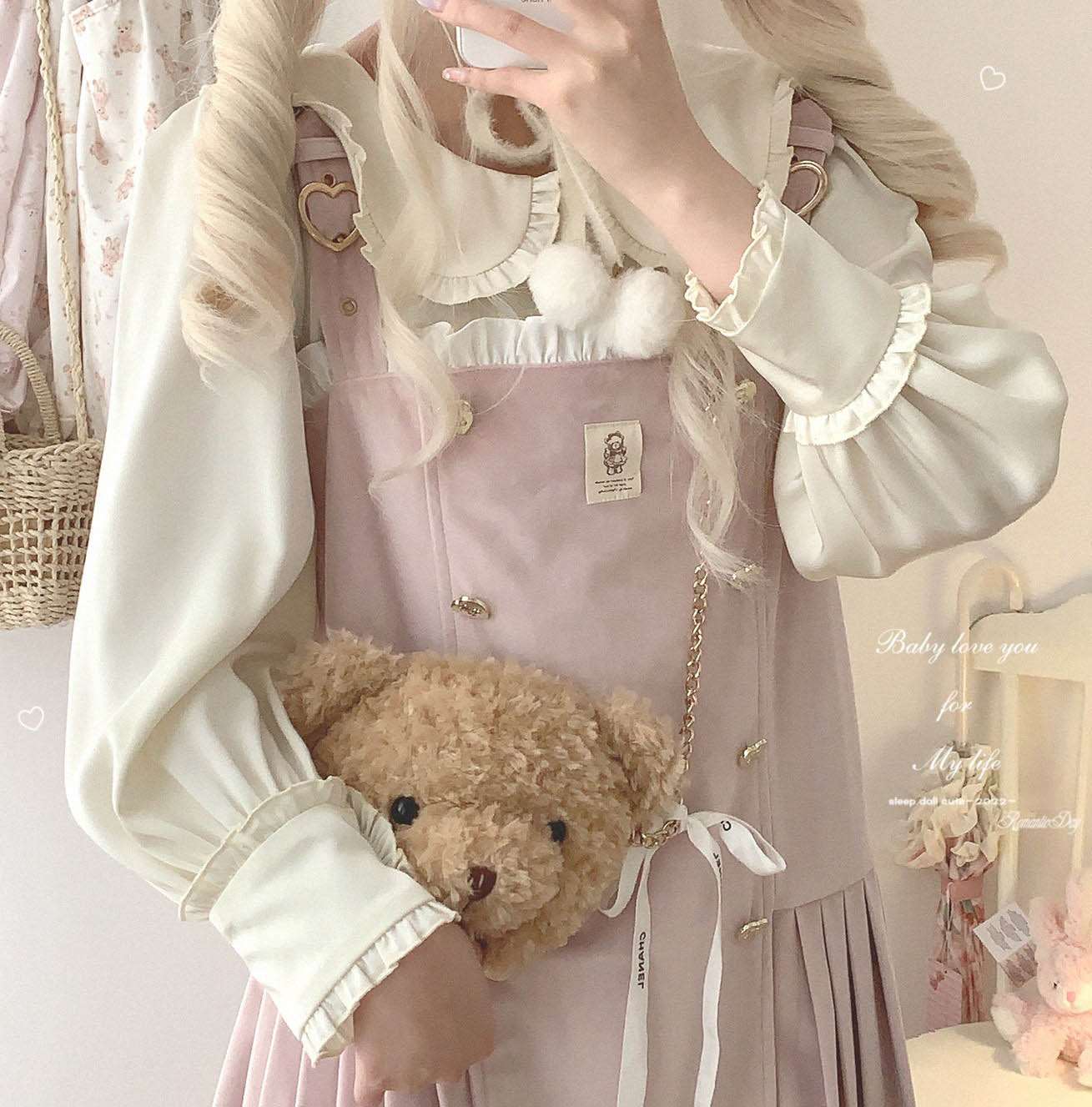 Bear Souffle Sweet Pompom Balls Shirt Blouse & Purple Beige Strap Dress & Skirt Three Piece Set