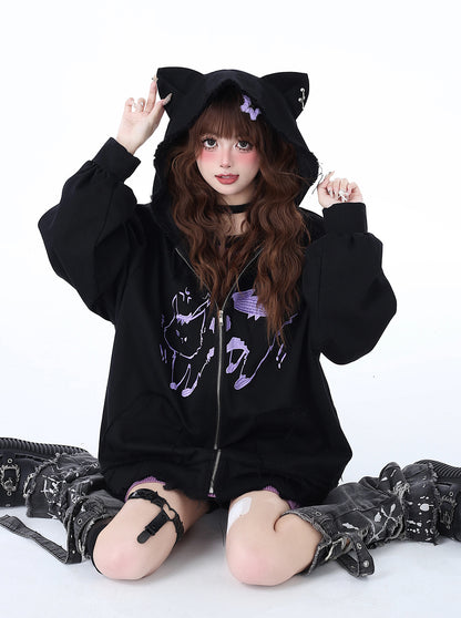 Crazy Girl Electronic Cat Black & Purple Cat Ears Jacket Hoodie