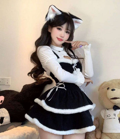 Christmas Love Lolita Winter Plush Strap Ruffled Black Dress & Skirt & Shirt Three Piece Set