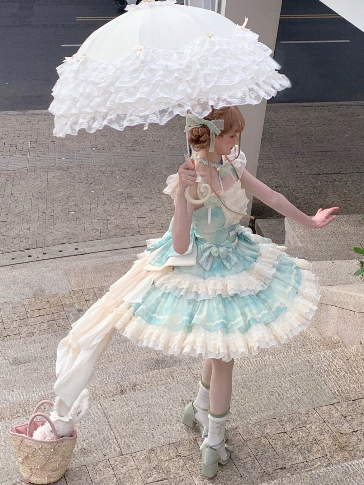 Flying Diary Midsummer's Date Pink & Green Lolita Dress