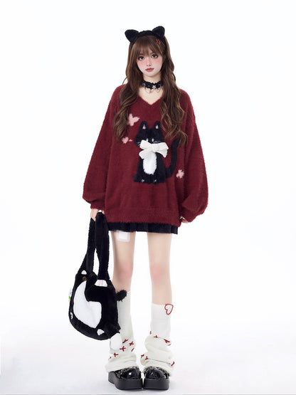 Crazy Girl Lazy Kitten Fuzzy White Red Sweater Top