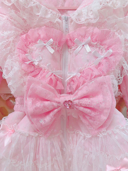 Candy Fairy Sparkling Pink Princess Bow Ruffled Thick Winter Coat Dress