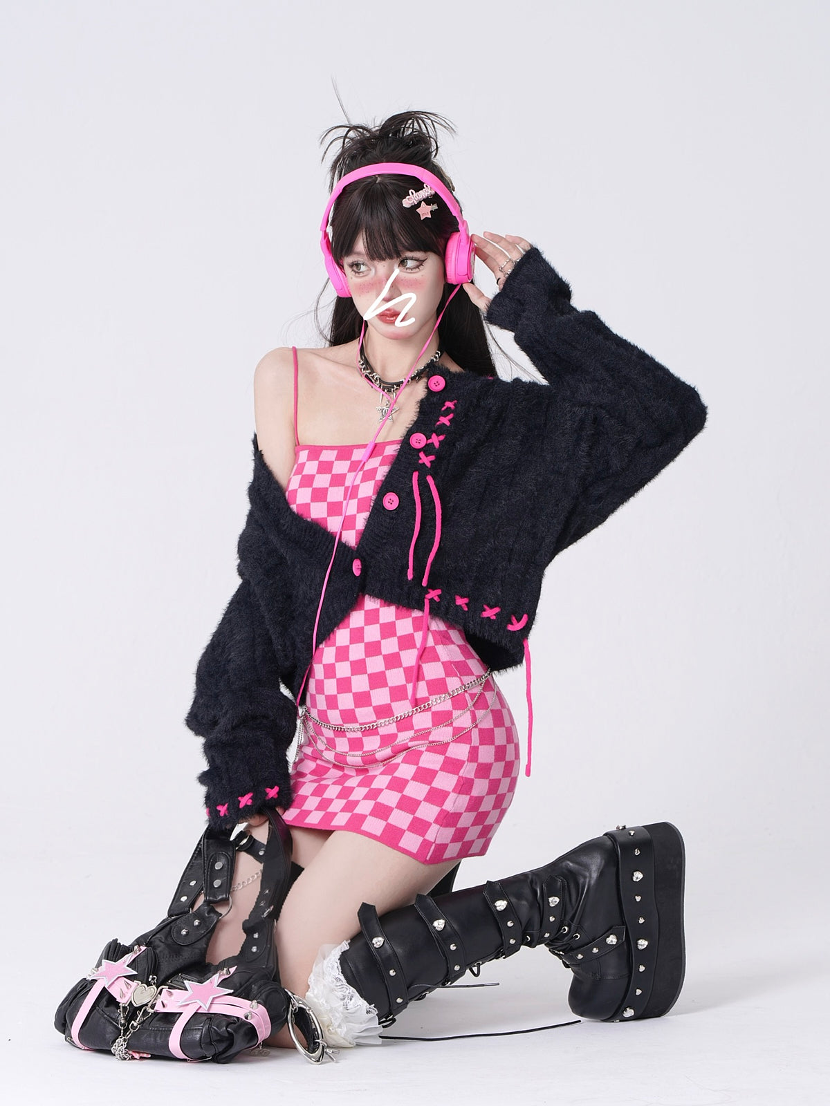 Young Eyes Hot Pink Black White Fall Checkerboard Bodycon Strap Dress & Plush Cardigan Jacket Two Piece Set