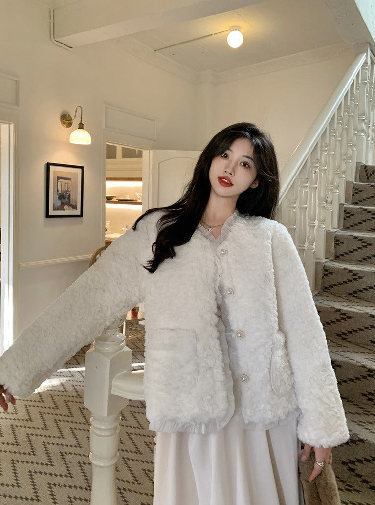 Winter Luxury Elegant Chic Plush White Apricot Jacket