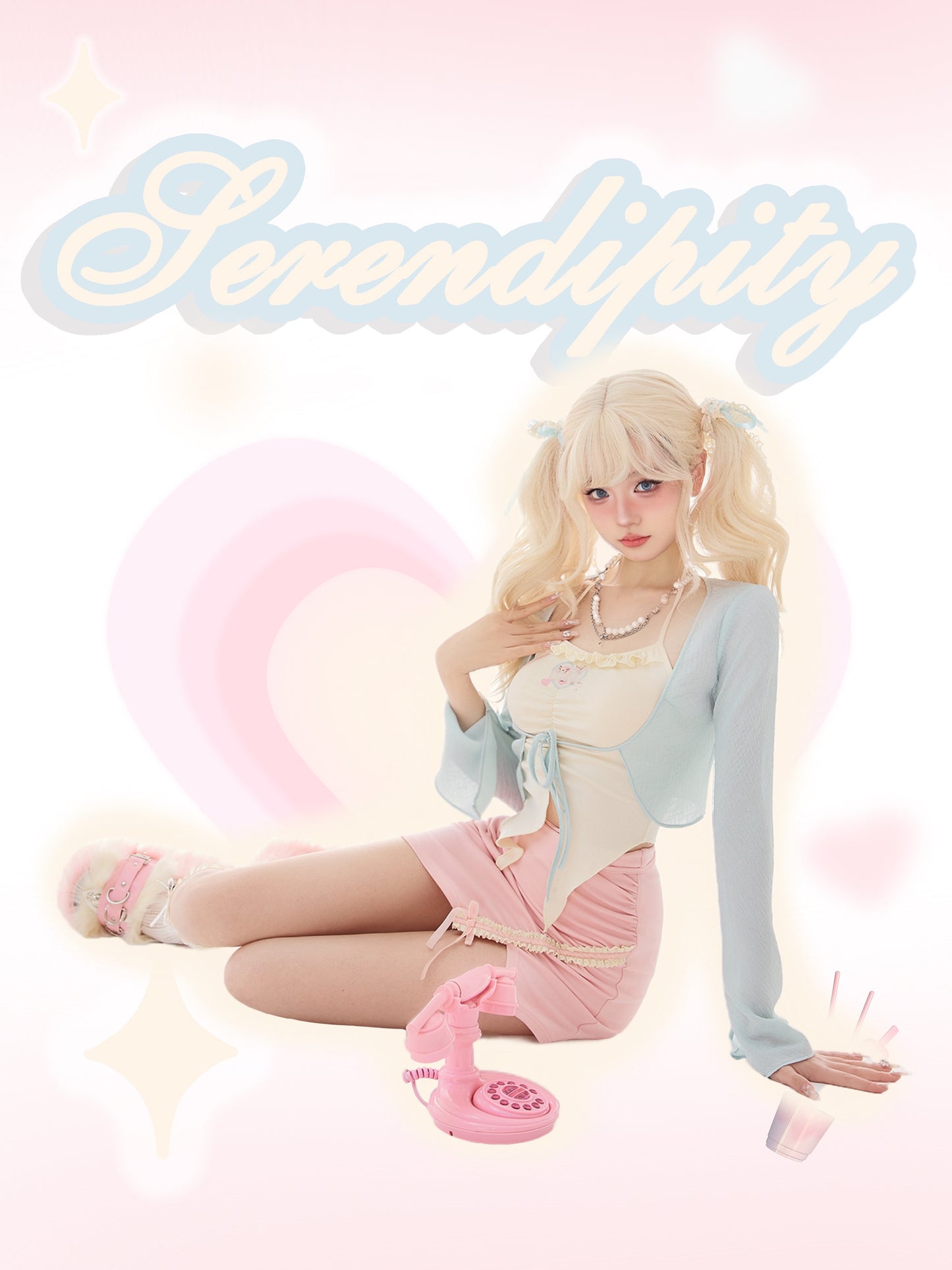 Serendipity Coquette Soft Thin Blue Cardigan & Cat Cream Halter Neck Strap Camisole & Pink Mini Skirt Three Piece Set