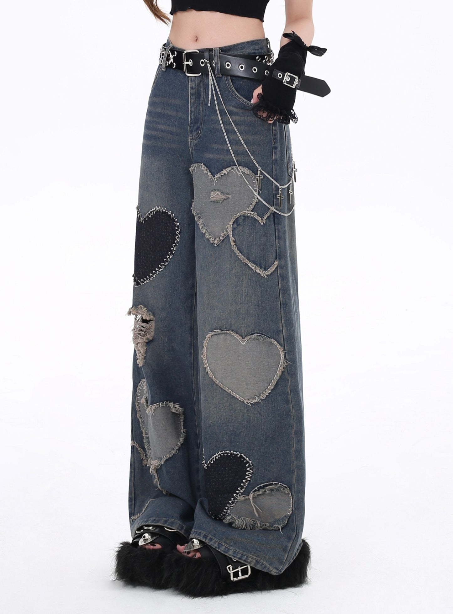 Crazy Girl Heart Patchwork Wide Leg Denim Jeans