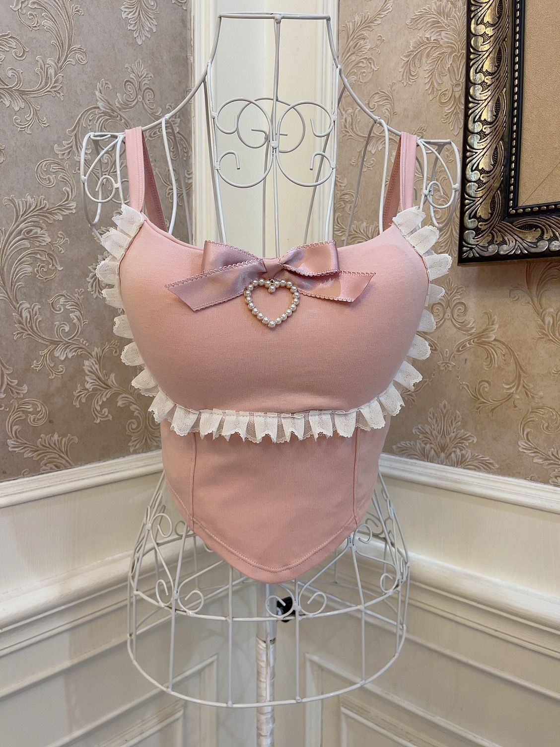 Sweetheart Princess Lace Frills Pink White Camisole Top