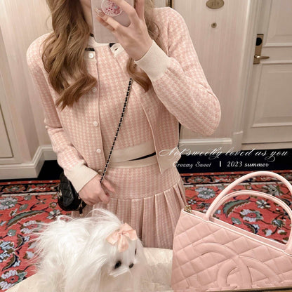 Creamy Sweet Houndstooth Knit Pink Vest Cardigan Pleated Skirt Three Piece Set