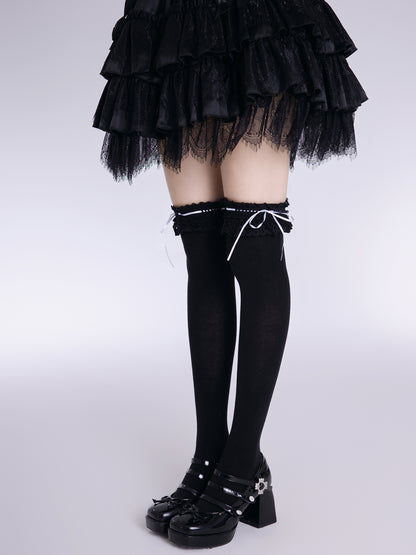 EGL Over Under The Knee Bow Lace Black White Socks Stockings