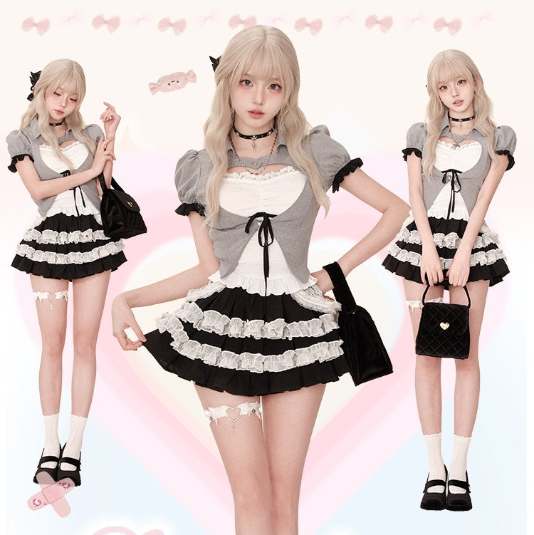 Serendipity Love Letter White Camisole & Gray Jacket & Black Skirt Three Piece Set