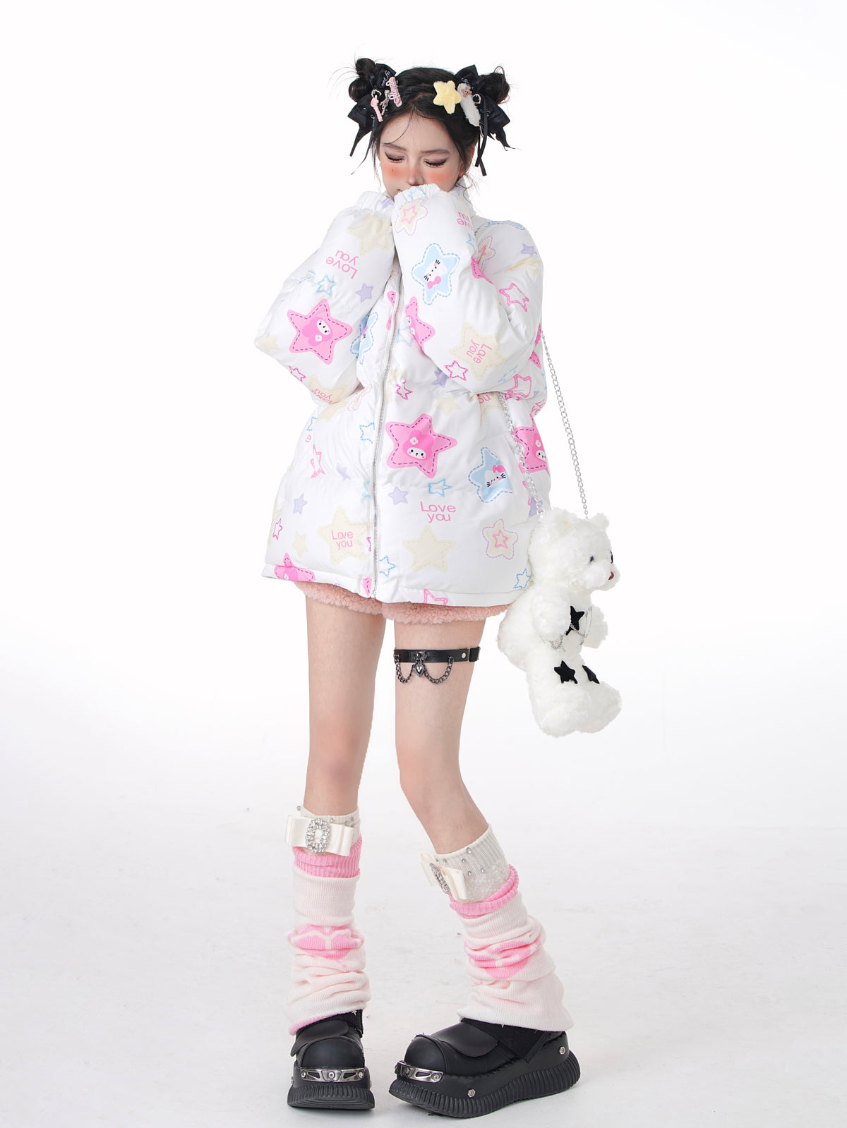 Young Eyes Winter Graffiti Kitty Melody White Puffer Jacket Coat