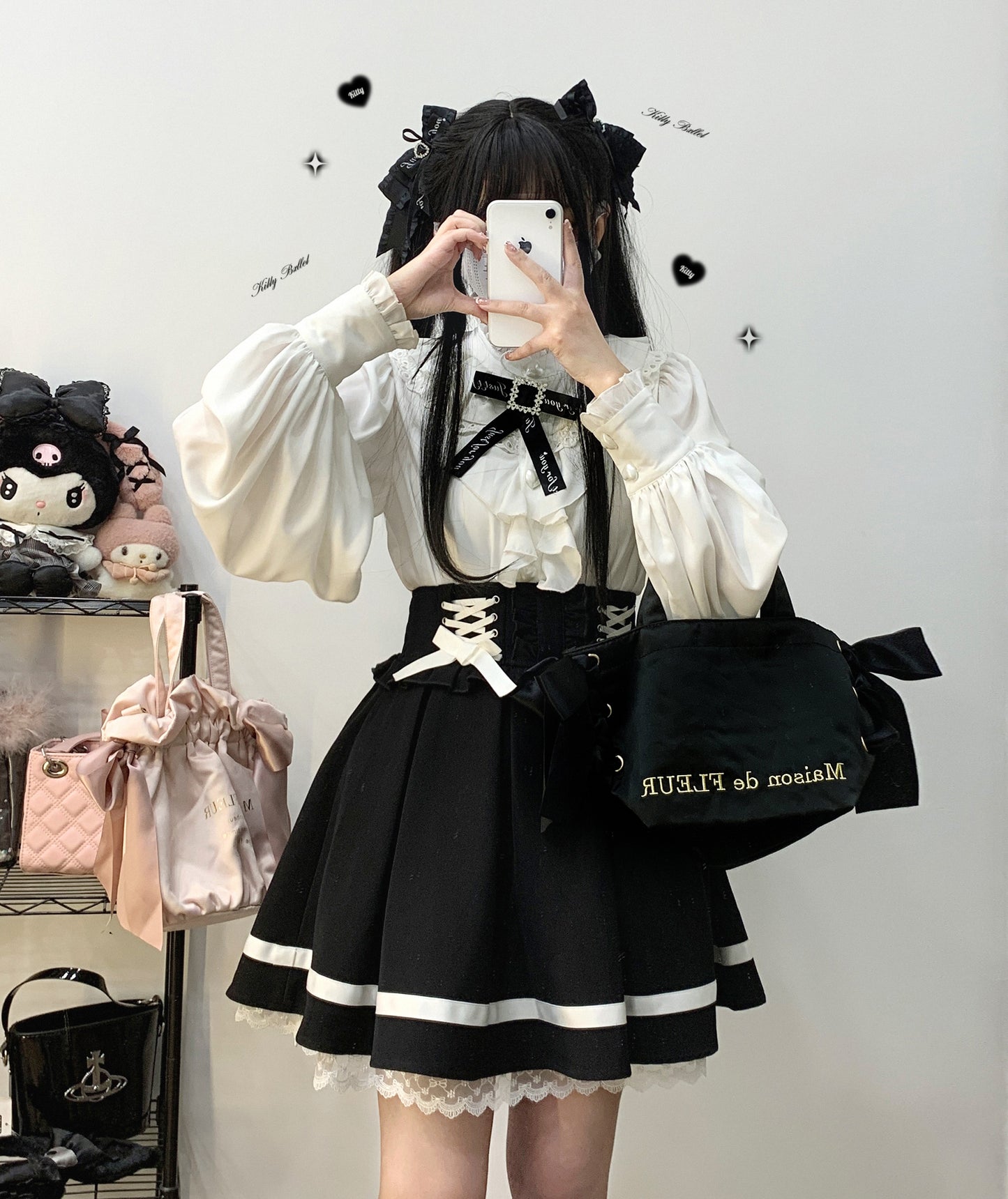 Kitten Bullet Jirai Kei Love Contract Lace Doll Collar White & Black Shirt Blouse