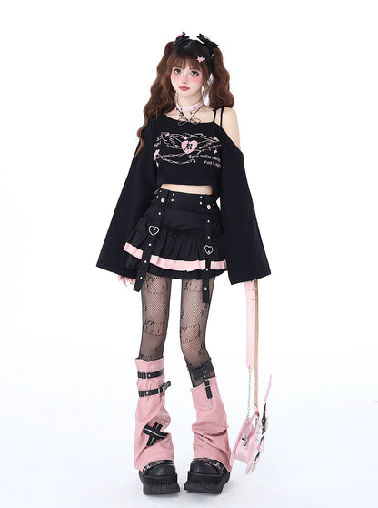 Crazy Girl First Love Concerto Heart Wings Y2K Pink Black Shirt Top