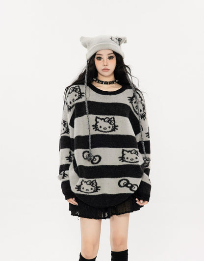 Kitty Cat Striped Pink Black Knit Y2K Pullover Sweater