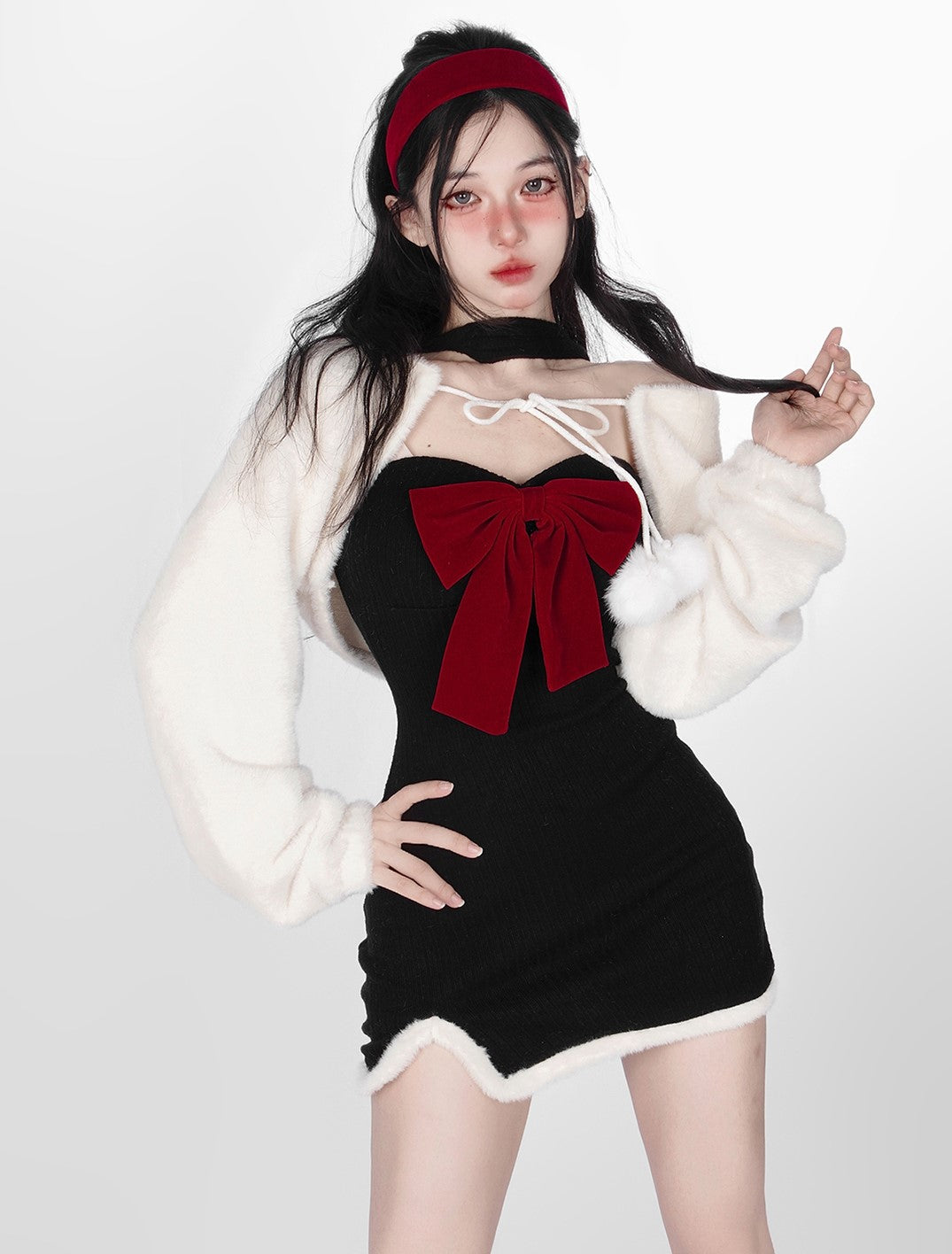 Young Eyes Sexy Black Bondycon Red Bow Black Dress & White Pompom Jacket Winter Two Piece Set