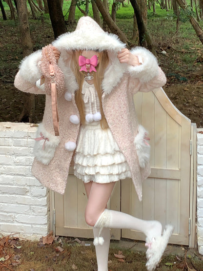 Picnic Girl Winter Sweet Bow Pink White Hooded Wool Fur Coat