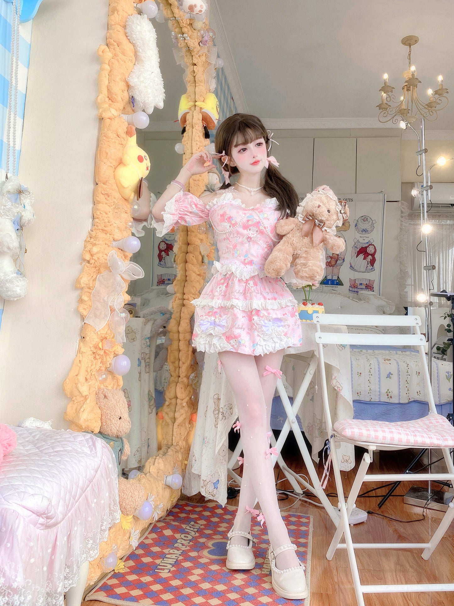 Candy Fairy Pink Melody Cartoon Camisole Puff Sleeve Top & Skirt Pajamas Two Piece Set