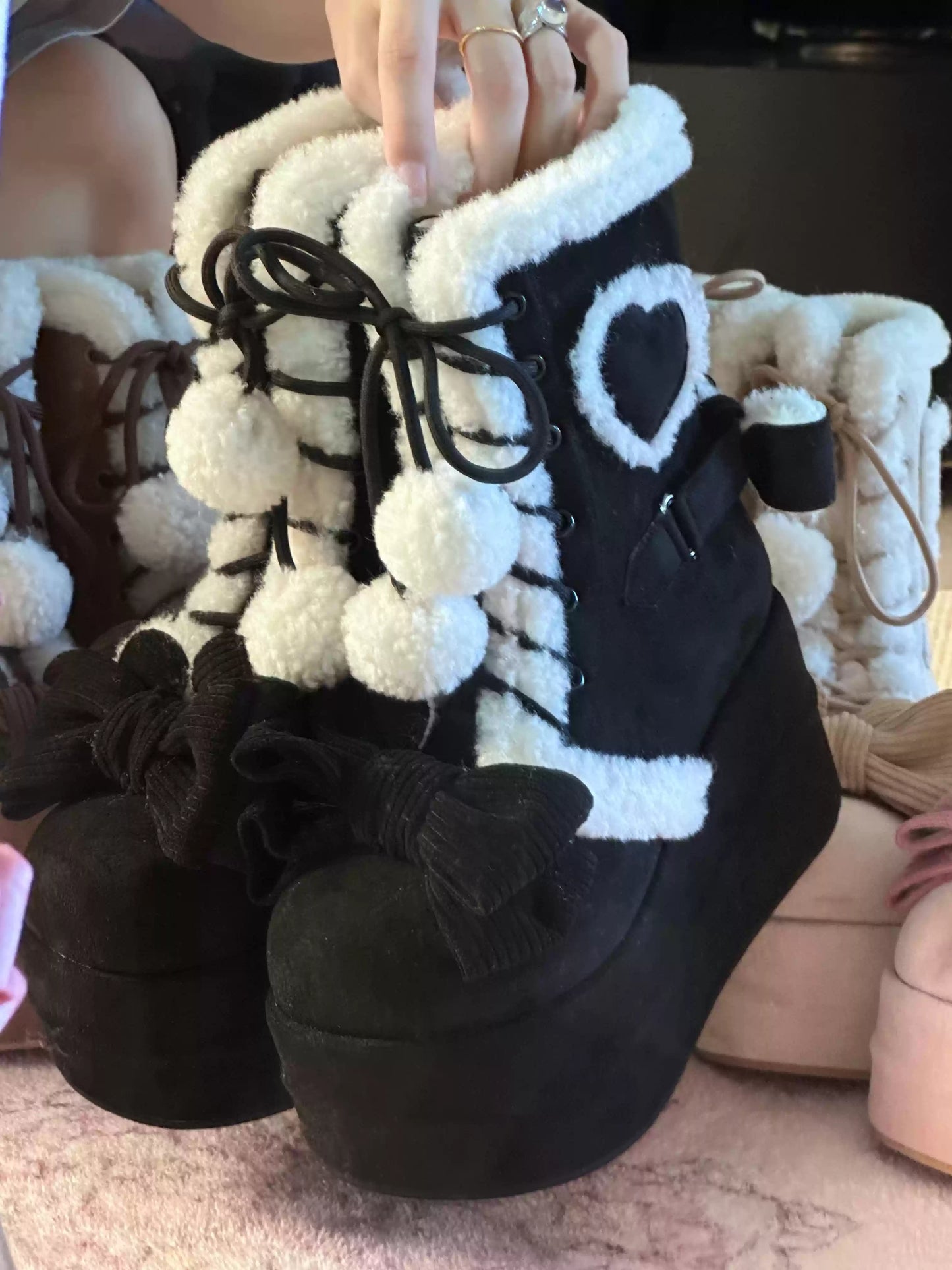 Akari Lolita Winter Love Pink Black Cream Brown Snow Boots