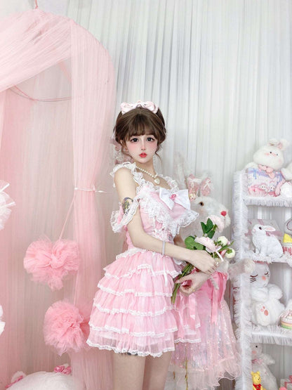 Candy Fairy Supreme Pink Princess Cake Ruffled Layered Lace Strap Dress