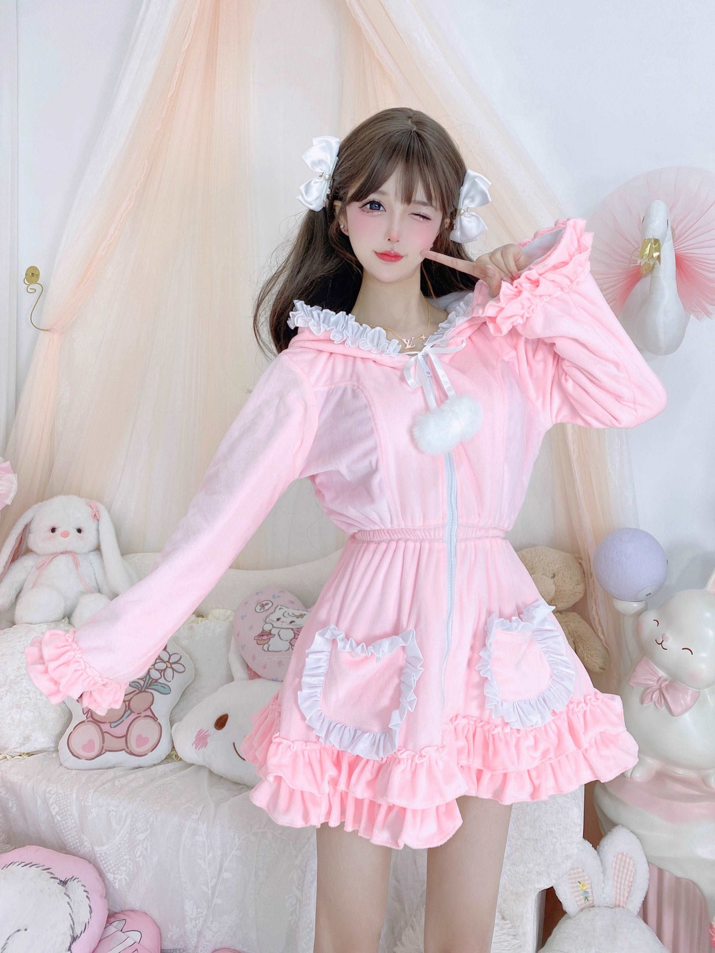 Candy Fairy Velvet Plush Pink Lace Ruffled Long Sleeve Zipped Up Dress