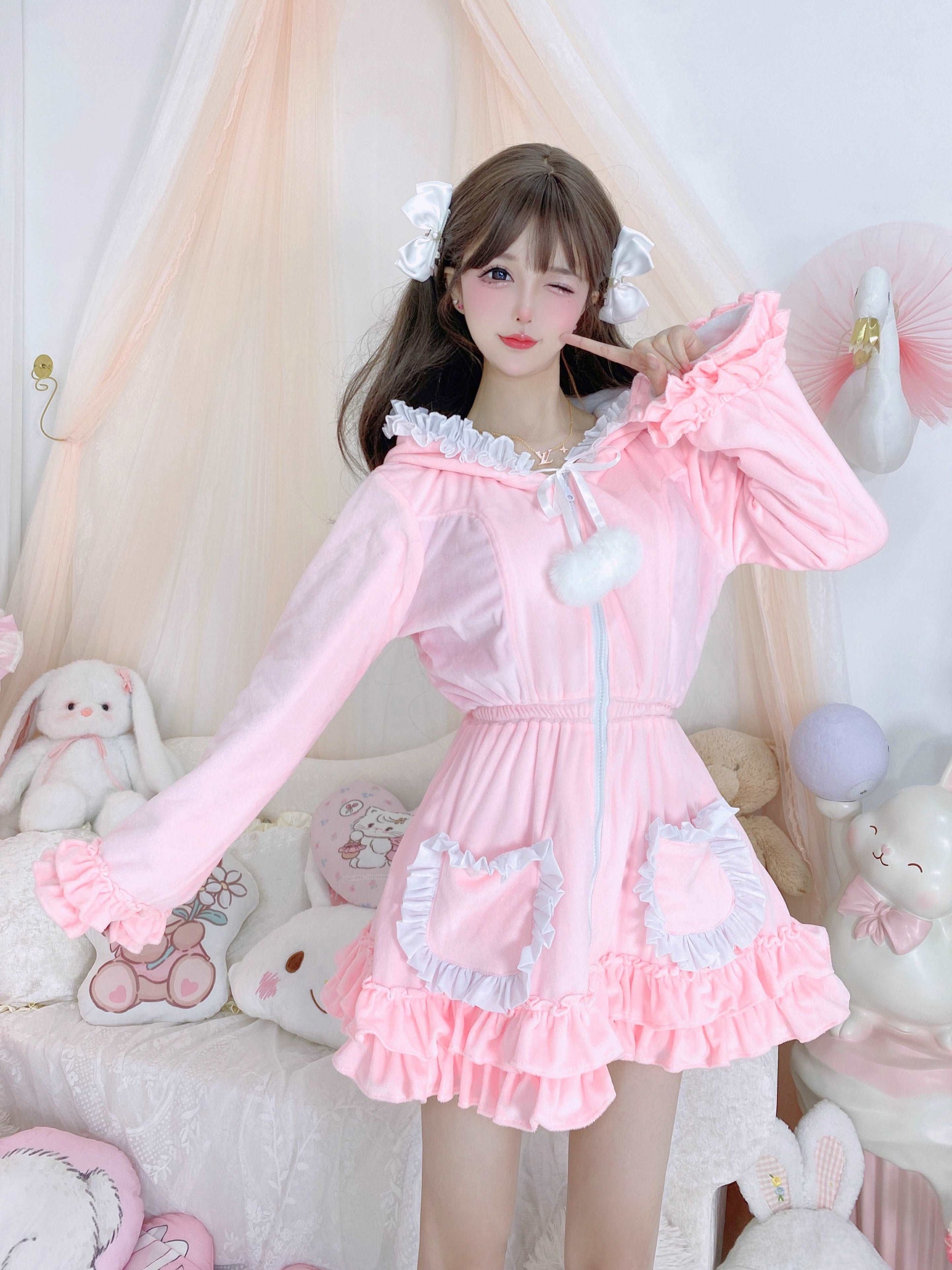 Candy Fairy Velvet Plush Pink Lace Ruffled Long Sleeve Zipped Up Dress