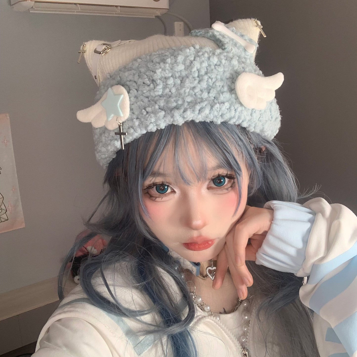 Y2K Star Cross Angel Wings White Cat Ear Knit Soft Pastel Blue Beanie