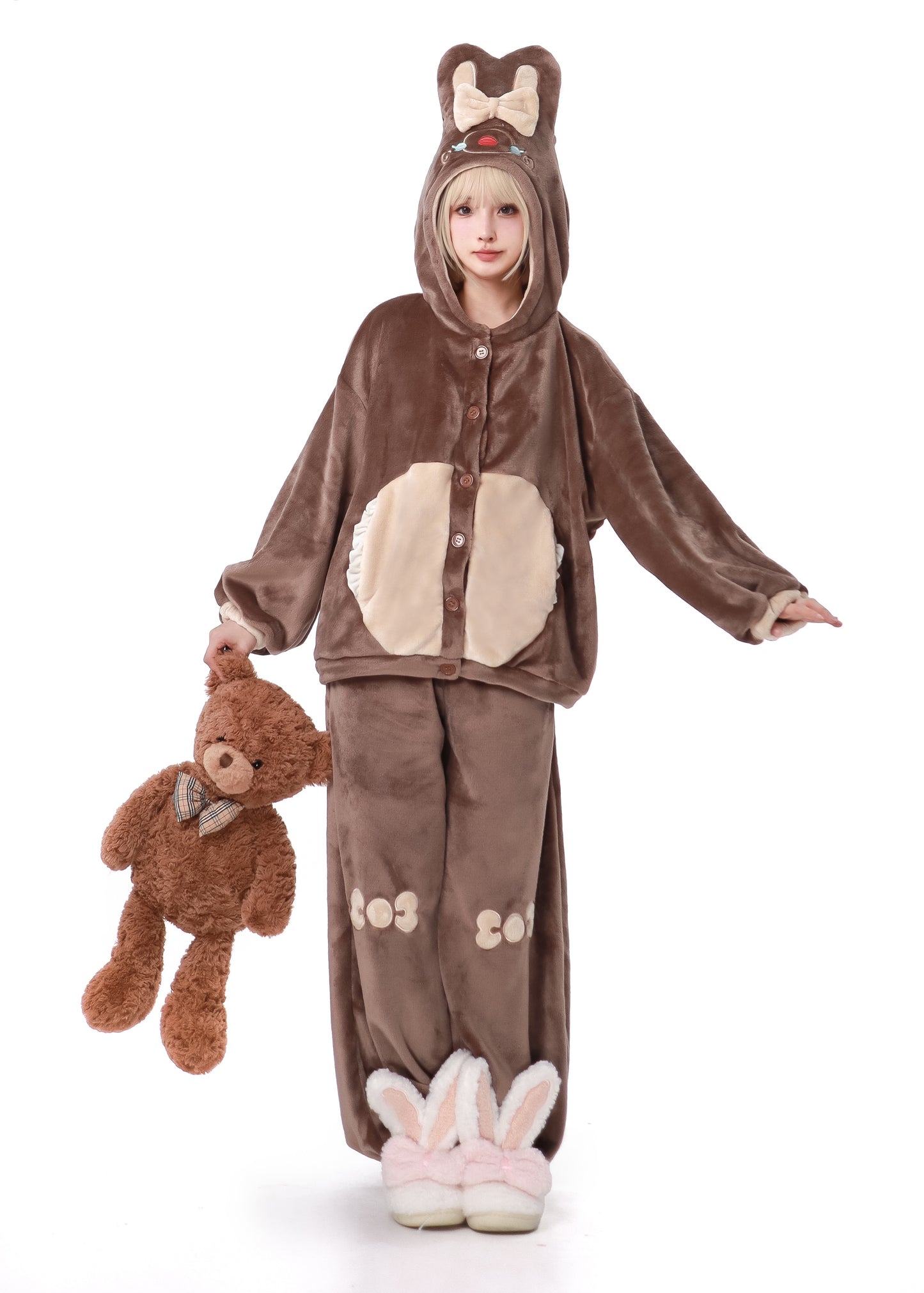 Maiden Park Rabbit Ears White Brown Coral Fleece Winter Pajamas Hooded Tops & Pants Two Piece