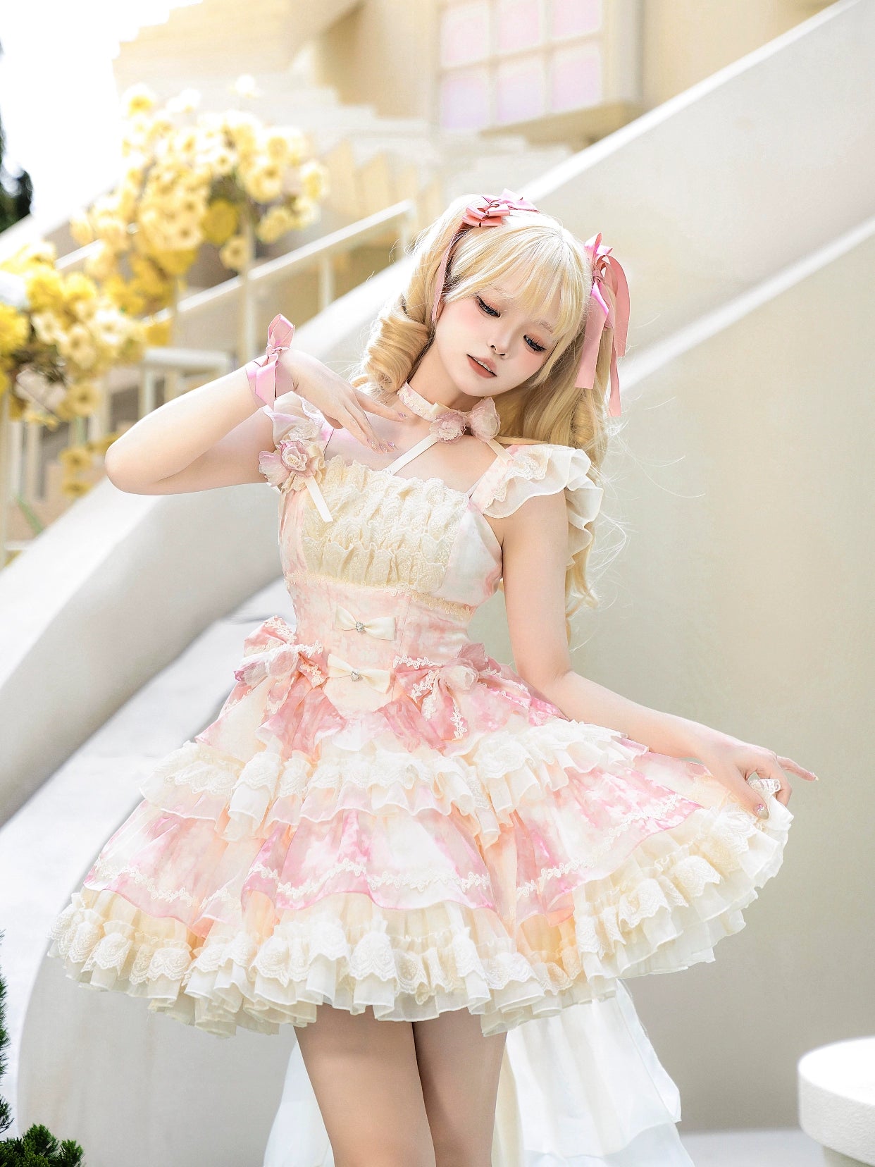 Flying Diary Midsummer's Date Pink & Green Lolita Dress