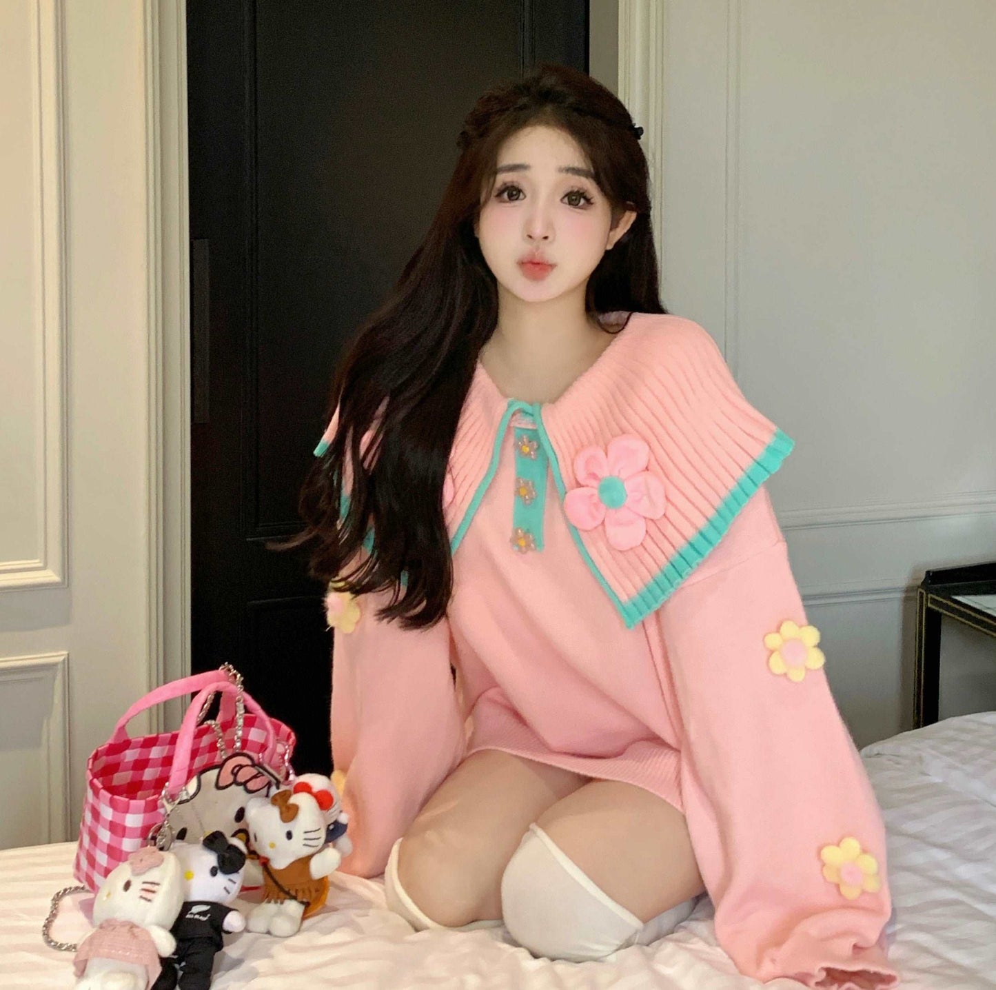 3D Flower Doll Collar Spring Autumn Pink Knit Sweater