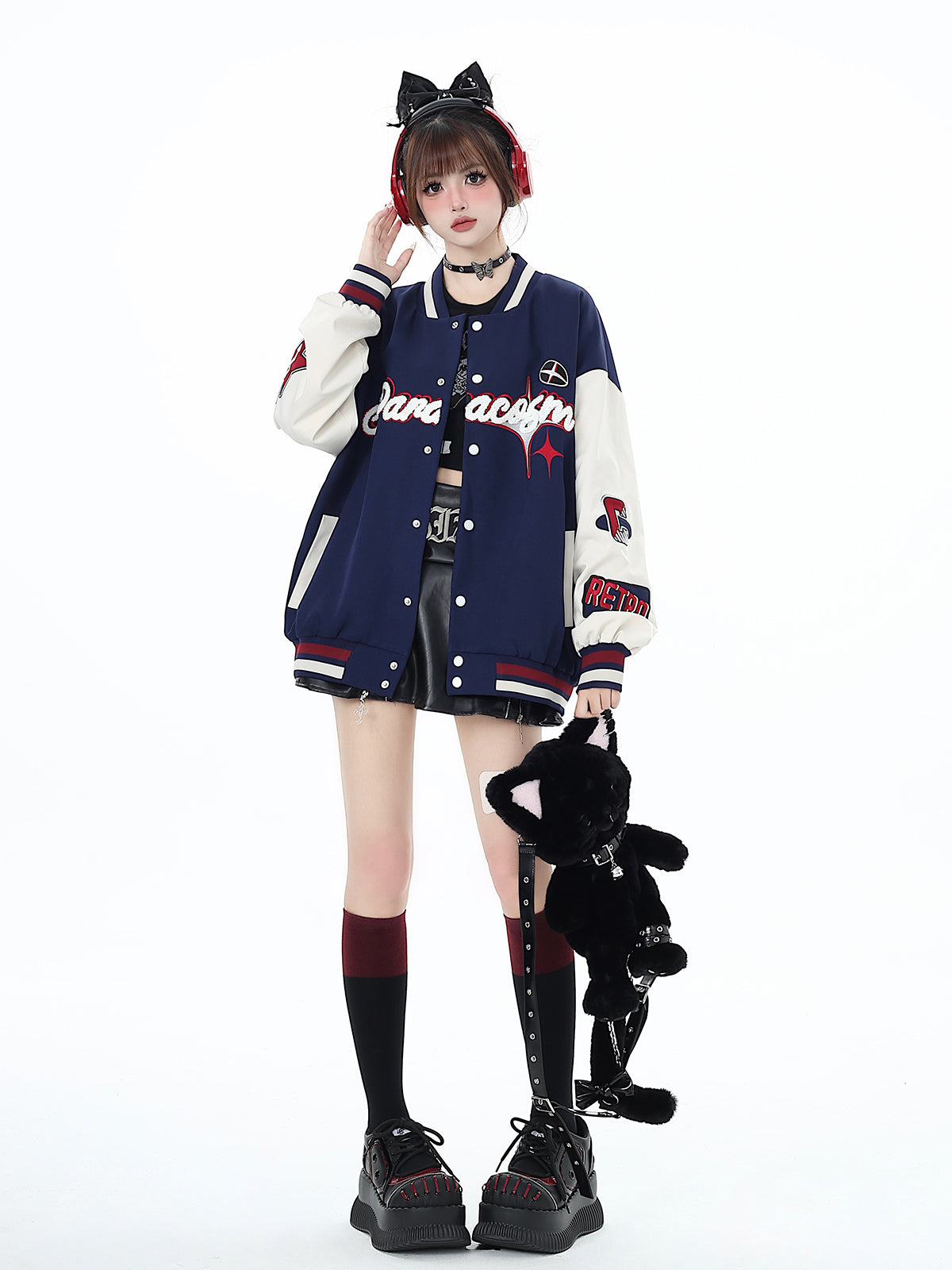 Crazy Girl Navy Blue Retro Baseball Jacket Skirt Two Piece Set