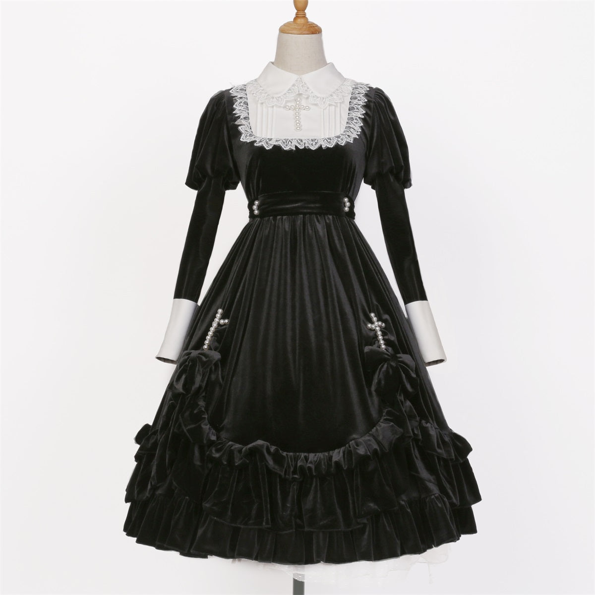 Cross Hymn Black Gothic Lolita Long Sleeve Velvet Dress